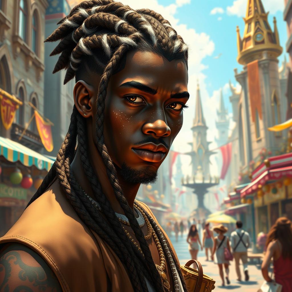 A fantasy-inspired dark-skinned aasimar male with a delicate dusting of white freckles on his cheeks and nose, his hair styled in intricate braids with striking white highlights