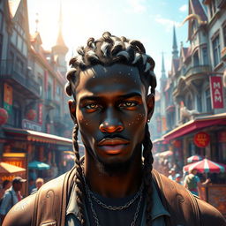 A fantasy-inspired dark-skinned aasimar male with a delicate dusting of white freckles on his cheeks and nose, his hair styled in intricate braids with striking white highlights