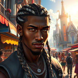 A fantasy-inspired dark-skinned aasimar male with a delicate dusting of white freckles on his cheeks and nose, his hair styled in intricate braids with striking white highlights