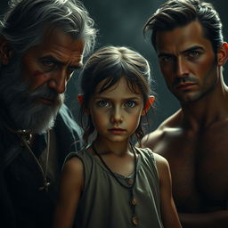 A frail-looking girl with a determined glare, standing confidently as she faces two men