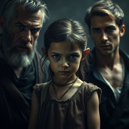 A frail-looking girl with a determined glare, standing confidently as she faces two men