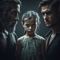 A frail-looking girl with a determined glare, standing confidently as she faces two men