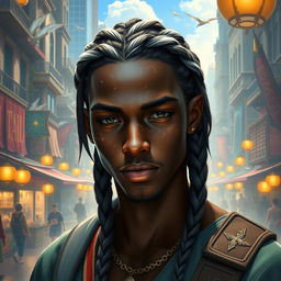 A fantasy-inspired dark-skinned aasimar male with a slight dusting of white freckles on his cheeks and nose, his hair styled in braids featuring striking white highlights