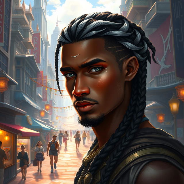 A fantasy-inspired dark-skinned aasimar male with a slight dusting of white freckles on his cheeks and nose, his hair styled in braids featuring striking white highlights