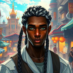 A fantasy-inspired dark-skinned aasimar male with a slight dusting of white freckles on his cheeks and nose, his hair styled in braids featuring striking white highlights