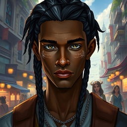 A fantasy-inspired dark-skinned aasimar male with a slight dusting of white freckles on his cheeks and nose, his hair styled in braids featuring striking white highlights