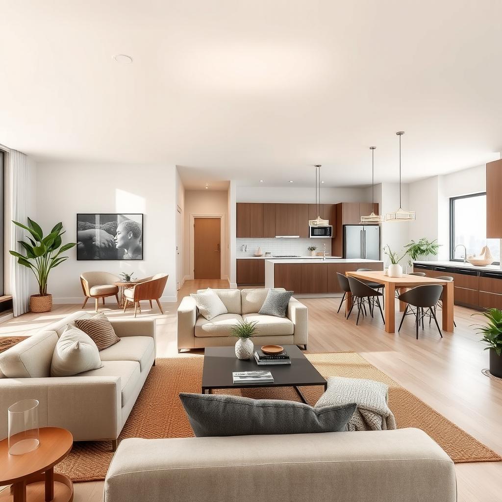 A spacious and modern open-plan living area that seamlessly connects a cozy living room, a stylish dining room, and a contemporary kitchen