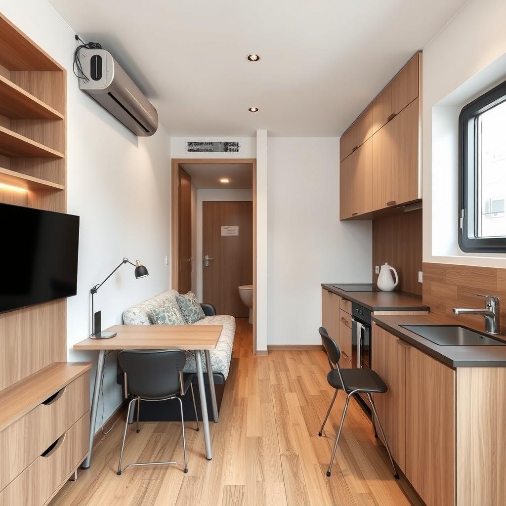 A compact yet cleverly designed living space within a 13 square meter area that incorporates a living room, dining room, and kitchen with a bathroom tucked away in the corner