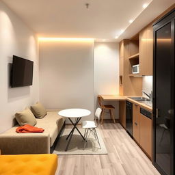 A compact yet cleverly designed living space within a 13 square meter area that incorporates a living room, dining room, and kitchen with a bathroom tucked away in the corner