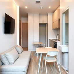 A compact yet cleverly designed living space within a 13 square meter area that incorporates a living room, dining room, and kitchen with a bathroom tucked away in the corner