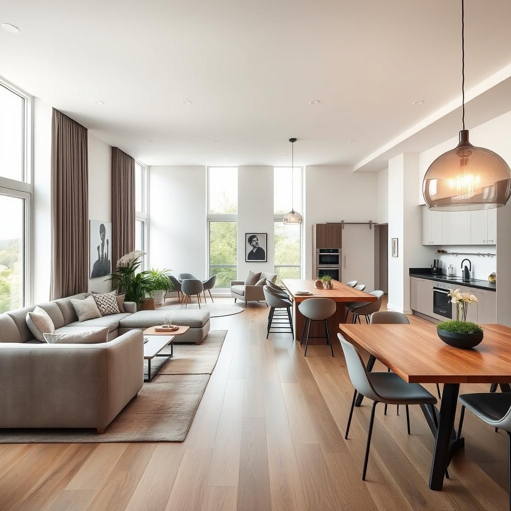 A spacious and modern open-plan living space within 65 square meters, featuring a connected living room, dining room, and kitchen