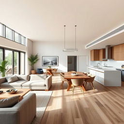 A spacious and modern open-plan living space within 65 square meters, featuring a connected living room, dining room, and kitchen