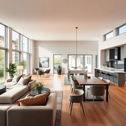 A spacious and modern open-plan living space within 65 square meters, featuring a connected living room, dining room, and kitchen