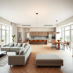 A spacious and modern open-plan living space within 65 square meters, featuring a connected living room, dining room, and kitchen