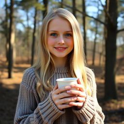 a blonde girl with blue eyes standing and holding a cup of coffee, wearing a cozy sweater, natural surroundings with trees in the background, relaxed and cheerful expression, gentle sunlight casting soft shadows