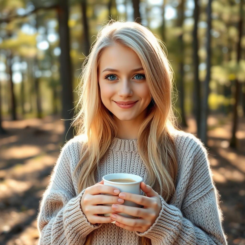 a blonde girl with blue eyes standing and holding a cup of coffee, wearing a cozy sweater, natural surroundings with trees in the background, relaxed and cheerful expression, gentle sunlight casting soft shadows