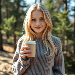 a blonde girl with blue eyes standing and holding a cup of coffee, wearing a cozy sweater, natural surroundings with trees in the background, relaxed and cheerful expression, gentle sunlight casting soft shadows