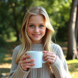 a blonde girl with blue eyes standing and holding a cup of coffee, wearing a cozy sweater, natural surroundings with trees in the background, relaxed and cheerful expression, gentle sunlight casting soft shadows