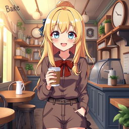 an anime-style blonde girl with blue eyes standing and holding a cup of coffee, wearing a stylish outfit, set in a quaint café environment with charming details, joyful and lively expression, vibrant color scheme