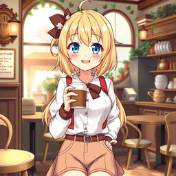 an anime-style blonde girl with blue eyes standing and holding a cup of coffee, wearing a stylish outfit, set in a quaint café environment with charming details, joyful and lively expression, vibrant color scheme