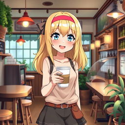 an anime-style blonde girl with blue eyes standing and holding a cup of coffee, wearing a stylish outfit, set in a quaint café environment with charming details, joyful and lively expression, vibrant color scheme