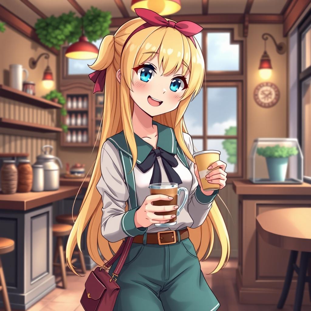 an anime-style blonde girl with blue eyes standing and holding a cup of coffee, wearing a stylish outfit, set in a quaint café environment with charming details, joyful and lively expression, vibrant color scheme