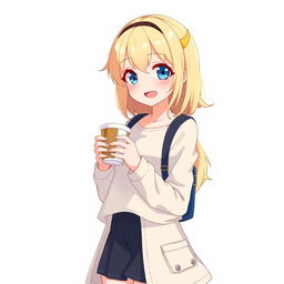 an anime-style blonde girl with blue eyes standing and holding a cup of coffee, wearing a fashionable outfit, set against a plain white background, joyful and lively expression, vibrant color scheme