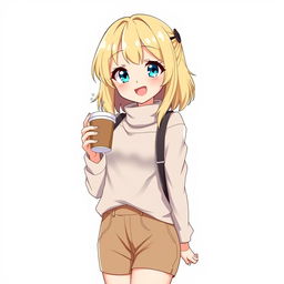 an anime-style blonde girl with blue eyes standing and holding a cup of coffee, wearing a fashionable outfit, set against a plain white background, joyful and lively expression, vibrant color scheme