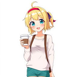 an anime-style blonde girl with blue eyes standing and holding a cup of coffee, wearing a fashionable outfit, set against a plain white background, joyful and lively expression, vibrant color scheme