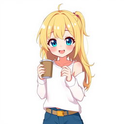 an anime-style blonde girl with blue eyes standing and holding a cup of coffee, wearing a fashionable outfit, set against a plain white background, joyful and lively expression, vibrant color scheme