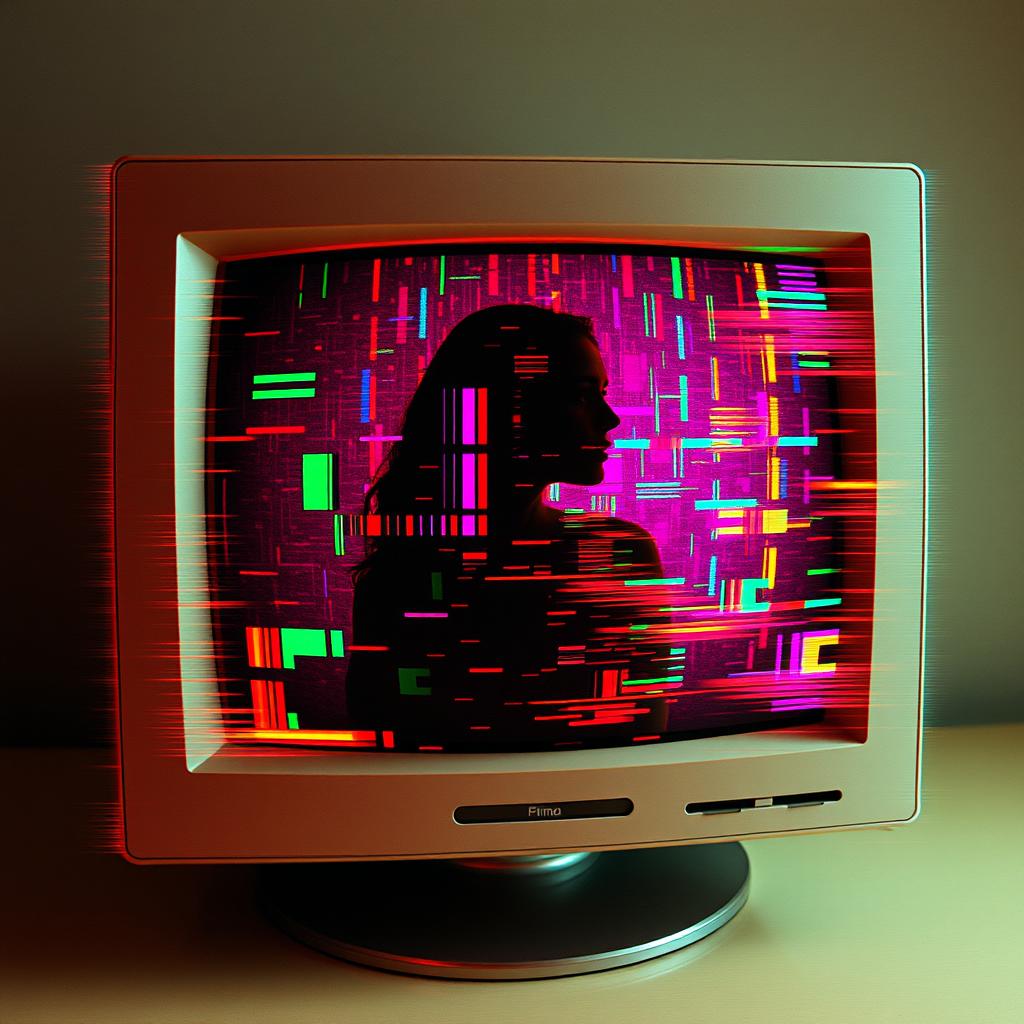 An old monitor screen displaying a glitchy, vibrant color array that distorts the visuals, creating an unsettling and disturbing effect