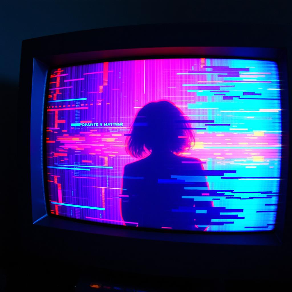 An old monitor screen displaying a glitchy, vibrant color array that distorts the visuals, creating an unsettling and disturbing effect