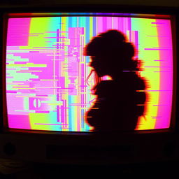 An old monitor screen displaying a glitchy, vibrant color array that distorts the visuals, creating an unsettling and disturbing effect