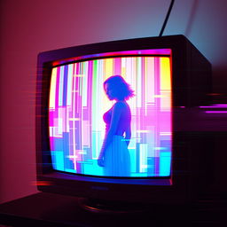 An old monitor screen displaying a glitchy, vibrant color array that distorts the visuals, creating an unsettling and disturbing effect