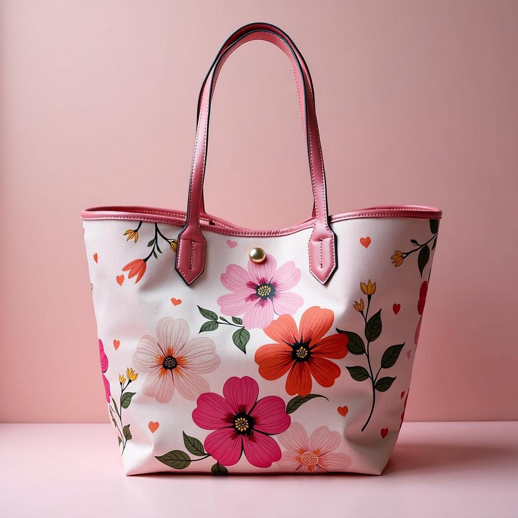 a beautiful tote bag with an elegant design in a pink aesthetic, featuring playful floral patterns and delicate geometric lines, the bag showcasing a blend of soft pastel pinks and vibrant fuchsia shades, crafted from high-quality fabric that adds a luxurious touch, exuding a chic and trendy vibe perfect for stylish everyday wear