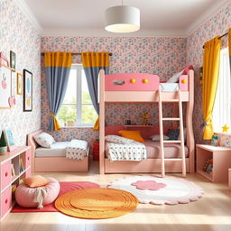 A charming and playful children's bedroom designed for two kids, featuring a colorful bunk bed as the focal point