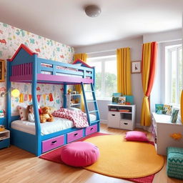 A charming and playful children's bedroom designed for two kids, featuring a colorful bunk bed as the focal point