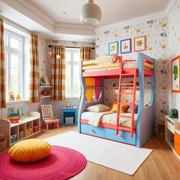 A charming and playful children's bedroom designed for two kids, featuring a colorful bunk bed as the focal point