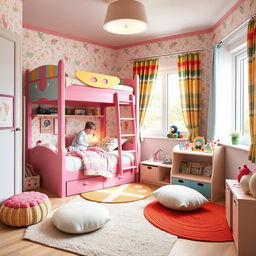 A charming and playful children's bedroom designed for two kids, featuring a colorful bunk bed as the focal point