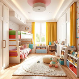 A cozy children's bedroom designed for two kids, featuring a creatively designed bunk bed tucked into the corner of the room