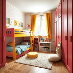 A cozy children's bedroom designed for two kids, featuring a creatively designed bunk bed tucked into the corner of the room