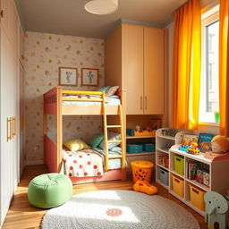 A cozy children's bedroom designed for two kids, featuring a creatively designed bunk bed tucked into the corner of the room