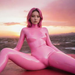 Anime style girl dressed in a pink latex catsuit, reclining and gazing towards the viewer, set against a breathtaking Mexican sunset with a dominant red theme.