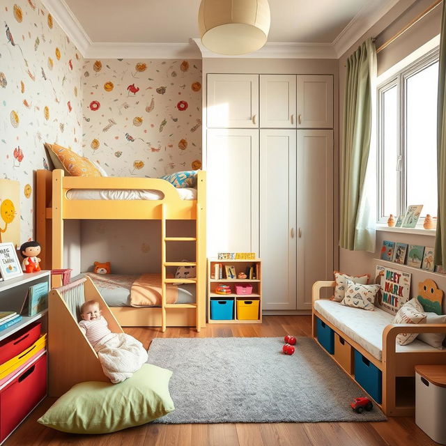 A cozy children's bedroom designed for two kids, featuring a creatively designed bunk bed tucked into the corner of the room