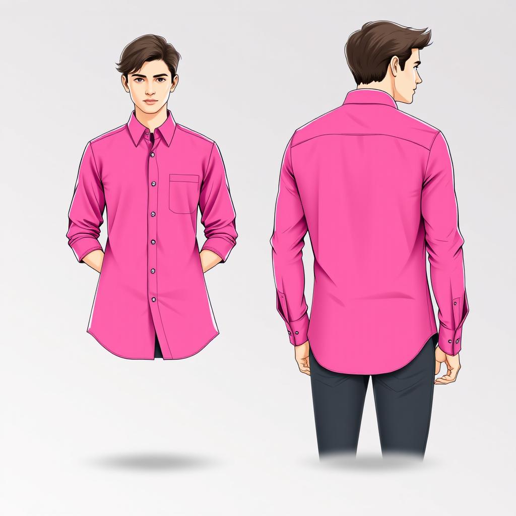 A stylish long-sleeve shirt design in a vibrant pink color, showcasing elegant details like subtle patterns or textures to add depth