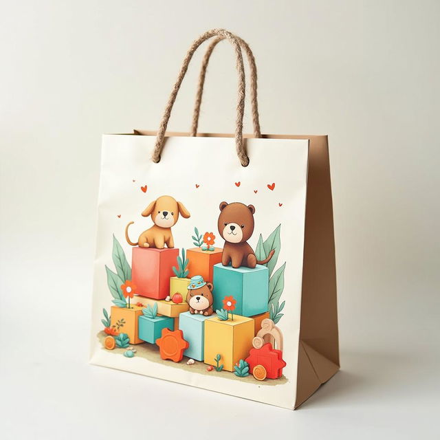 A beautifully designed custom print for an eco-friendly paper bag, featuring vibrant illustrations of kids' toys, including wooden blocks, plush animals, and colorful puzzles