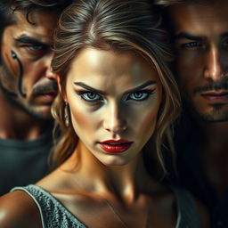 A pretty lady with a fierce and intense glare, facing two young men