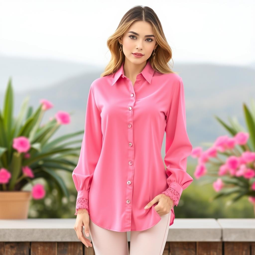 A chic long-sleeve women's shirt design in a vibrant pink hue