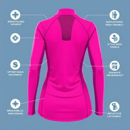 A dynamic long-sleeve women's sports shirt design in a vibrant pink color