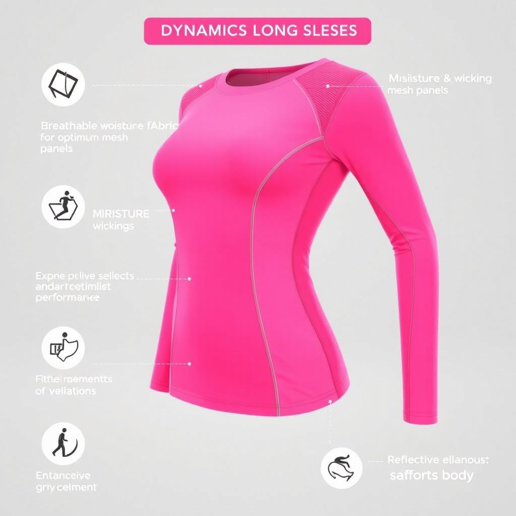 A dynamic long-sleeve women's sports shirt design in a vibrant pink color